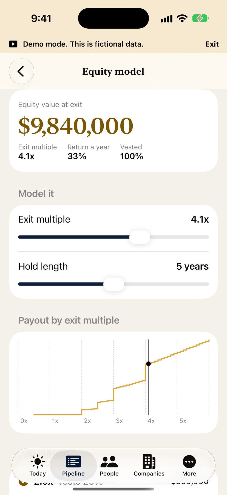 The Equity model on iPhone at a higher exit multiple and longer vesting, with a higher equity value