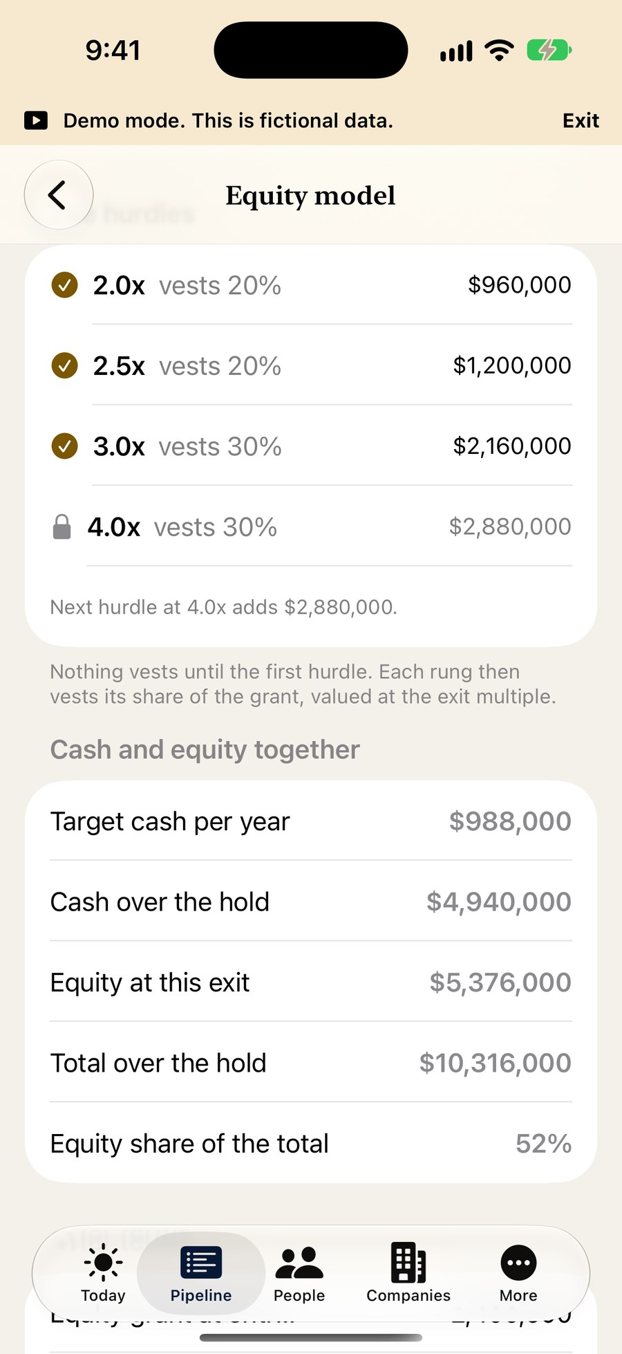 The hurdle tiers of the Equity model on iPhone with cash and equity shown together