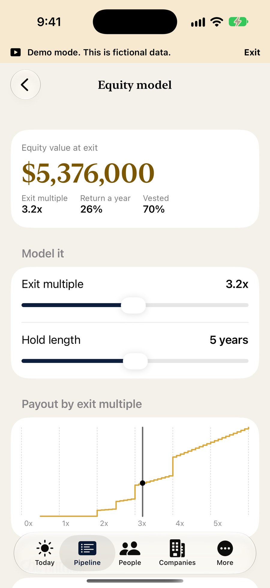 The Equity model on iPhone with sliders for exit multiple and hold length