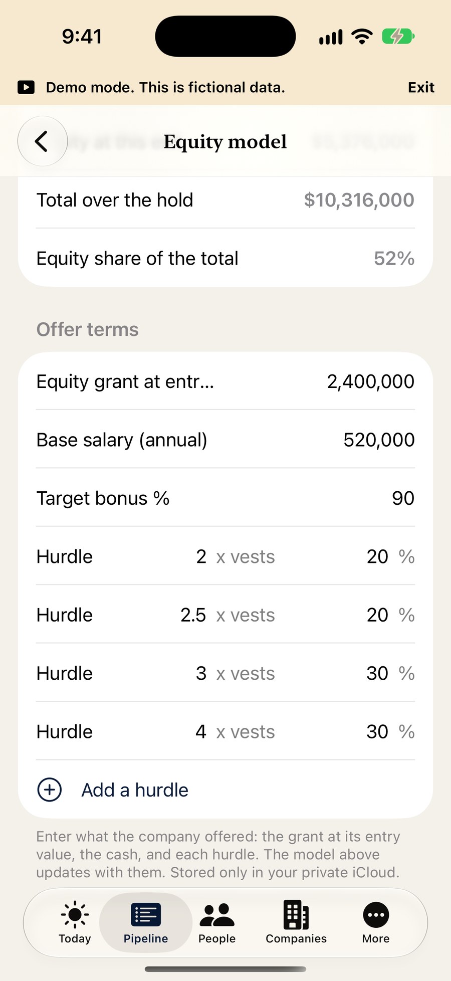 The offer terms on iPhone with grant, base salary, target bonus and hurdles