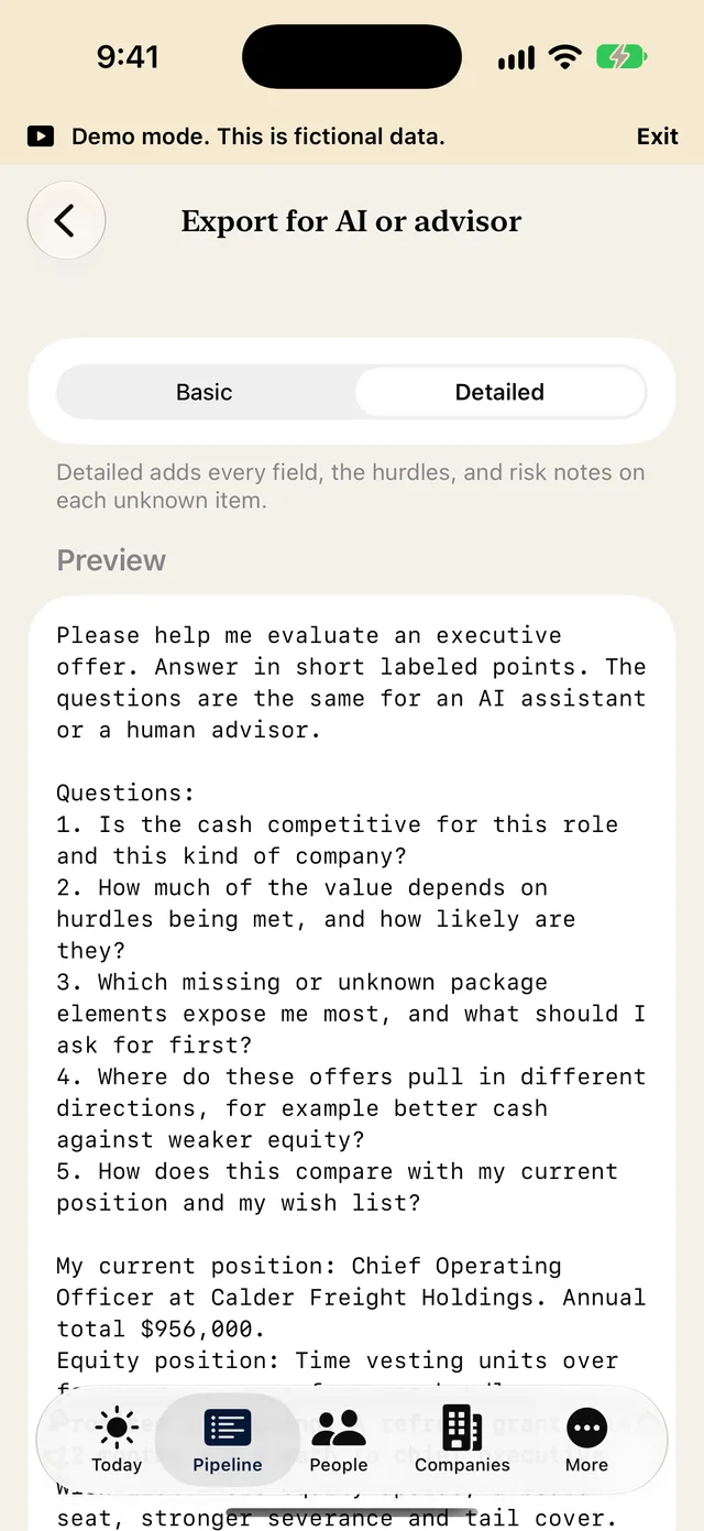 The Detailed export screen on iPhone with a fictional preview