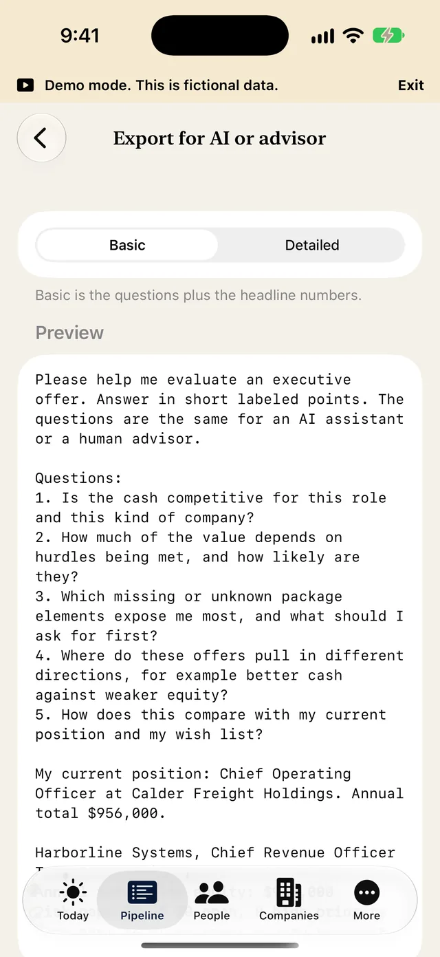 The Export for AI or advisor screen on iPhone showing a ready-made prompt