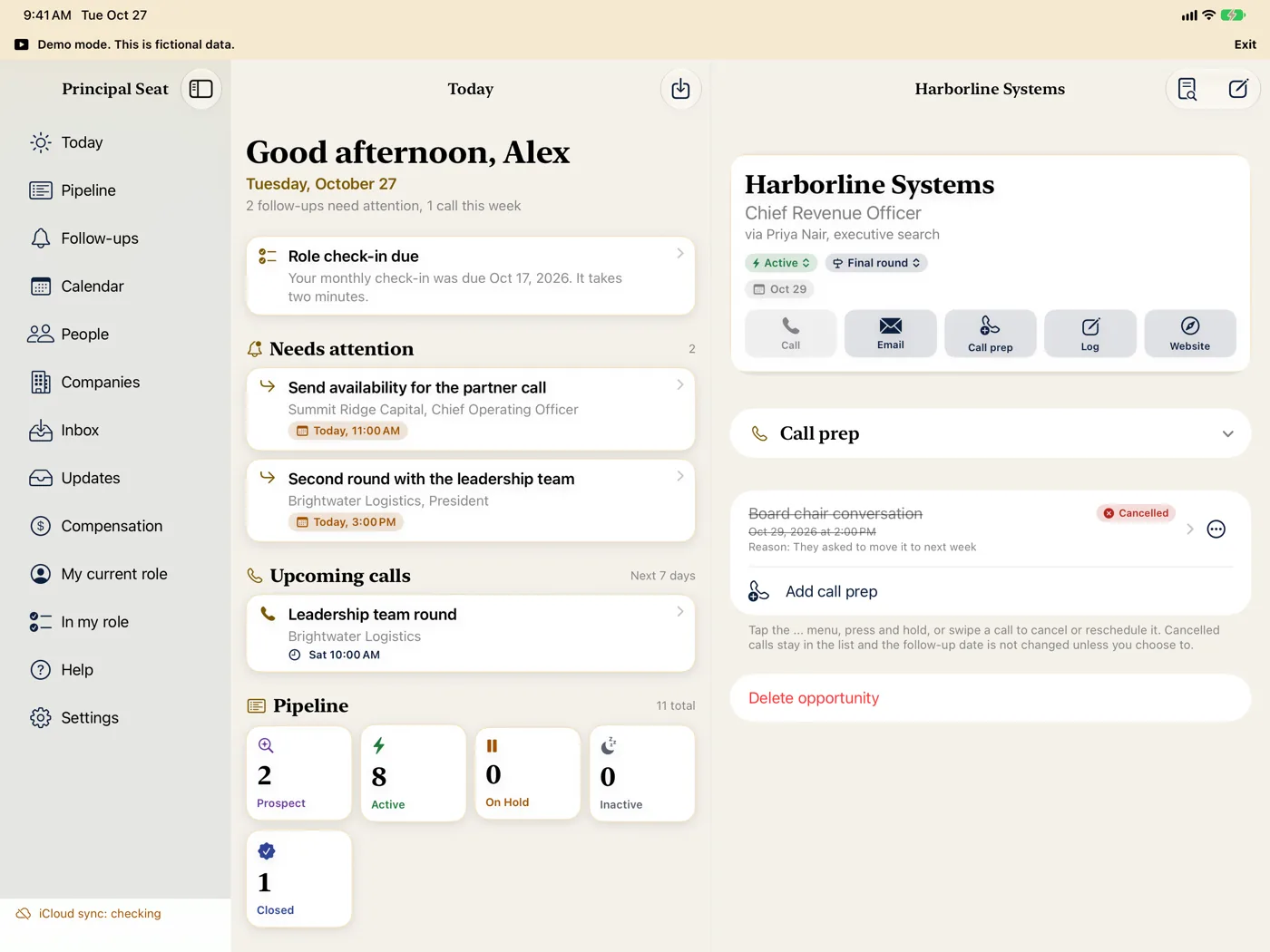 The Today list and a fictional opportunity with a cancelled call side by side on iPad in landscape