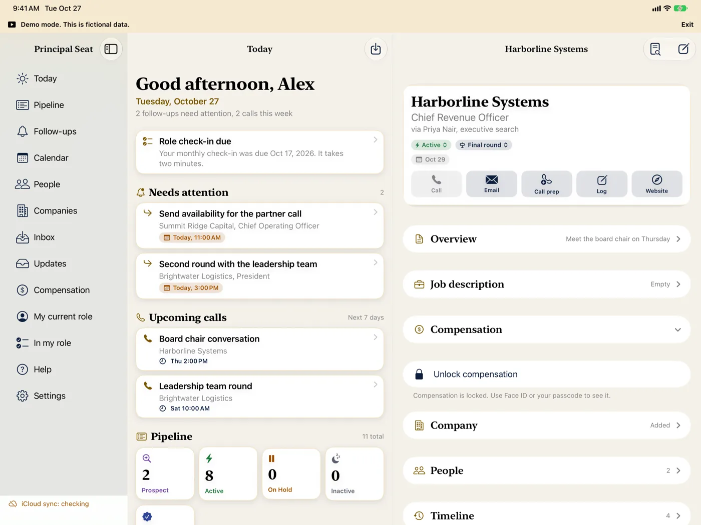 An opportunity on iPad in landscape with sections for job description, compensation, company, people and timeline