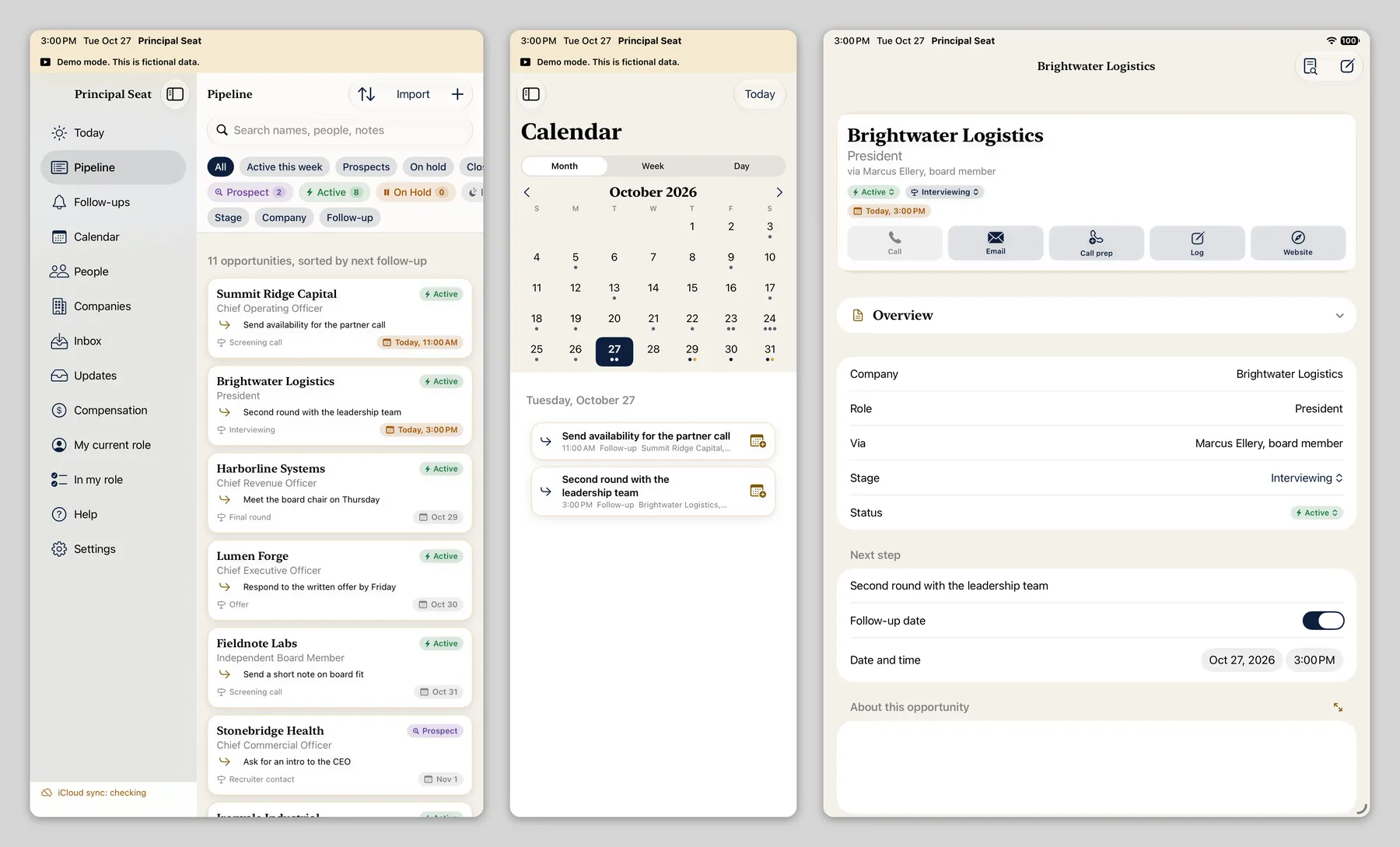 Three Principal Seat windows side by side on iPad: the Pipeline with the sidebar, the Calendar, and a fictional opportunity
