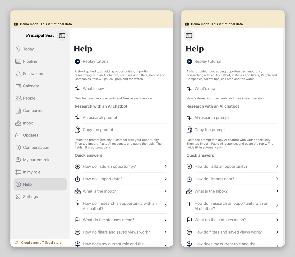Two Mac windows showing the Help section, one with the sidebar turned on and one with the sidebar hidden