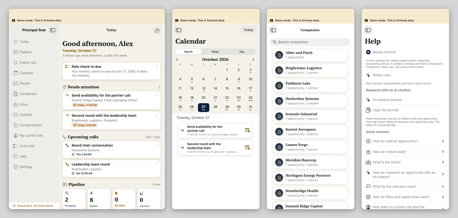 Four Principal Seat windows side by side on a Mac: Today with the sidebar, the Calendar, Companies and Help