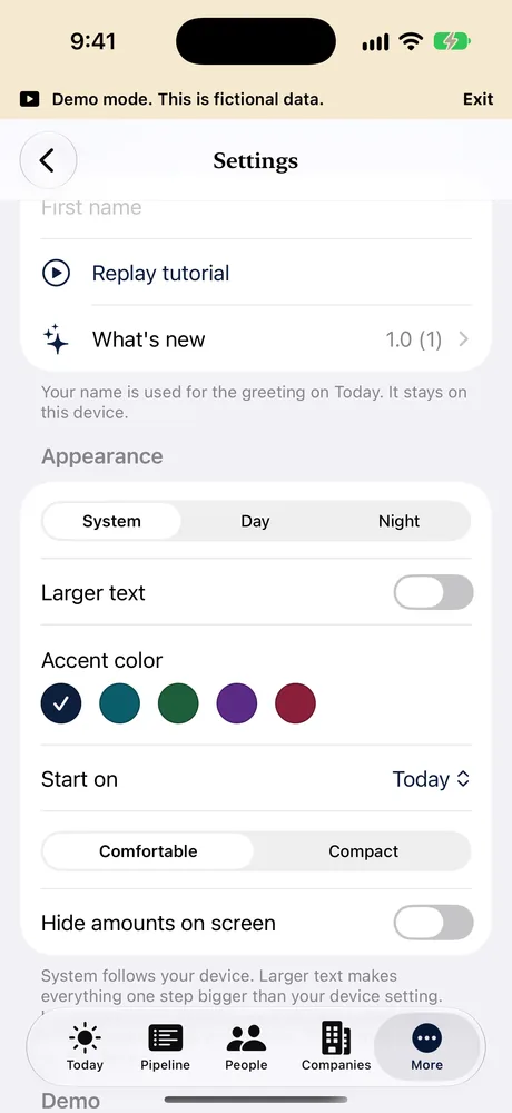 Settings on iPhone with System, Day and Night appearance, larger text and accent colors