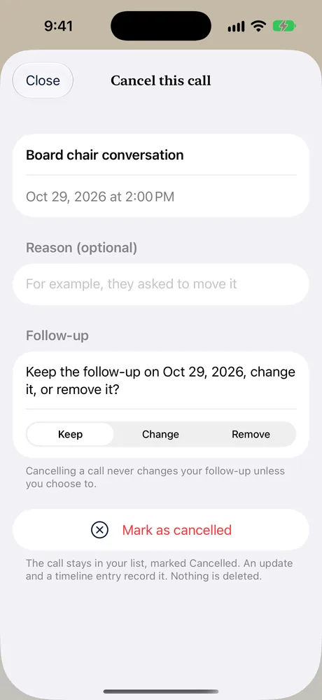 The Cancel this call sheet on iPhone, with a reason field and a follow-up choice of Keep, Change or Remove