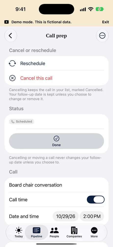 A call on iPhone with a Cancel or reschedule section at the top, with Reschedule and Cancel this call