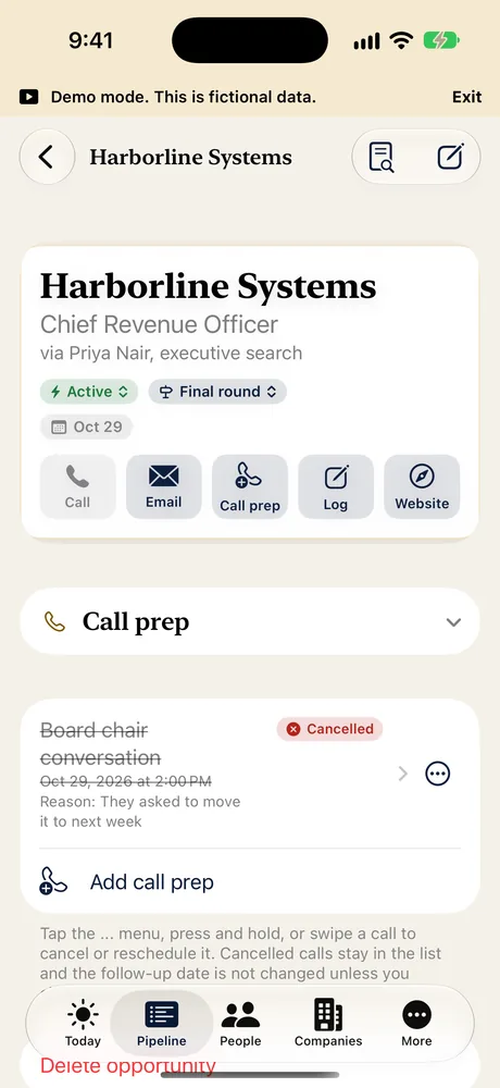 A fictional opportunity on iPhone showing a cancelled call with the reason and the follow-up kept
