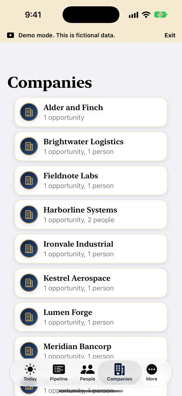 The Companies screen on iPhone listing fictional companies with opportunity and people counts