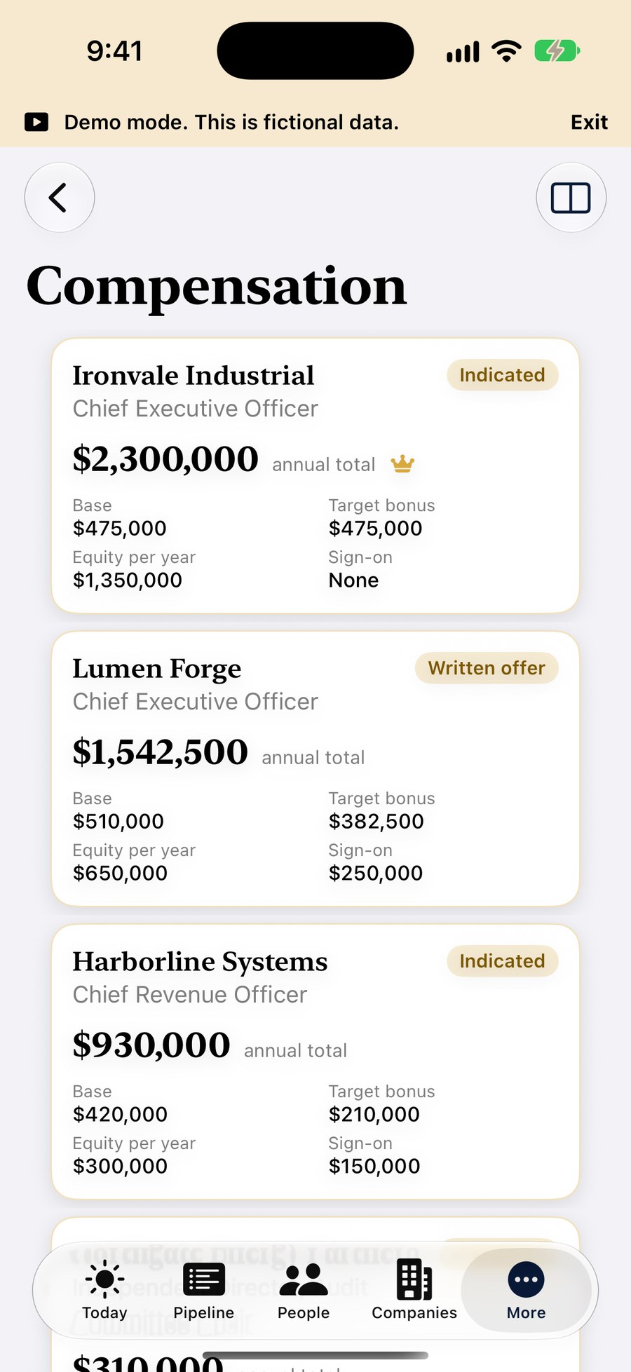 The Compensation screen on iPhone listing three fictional opportunities