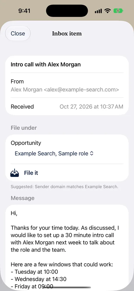An Inbox item on iPhone with sender, a File under choice and the message text