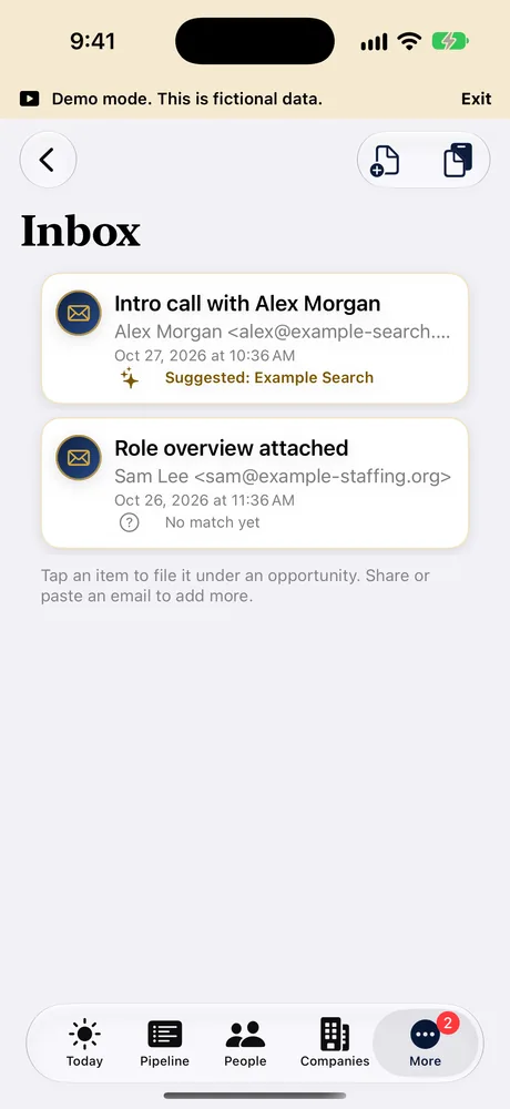 The Inbox on iPhone with two shared emails and a suggested opportunity match