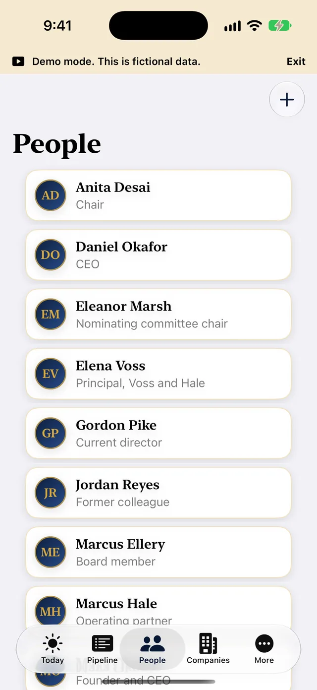 The People screen on iPhone listing fictional contacts with their roles