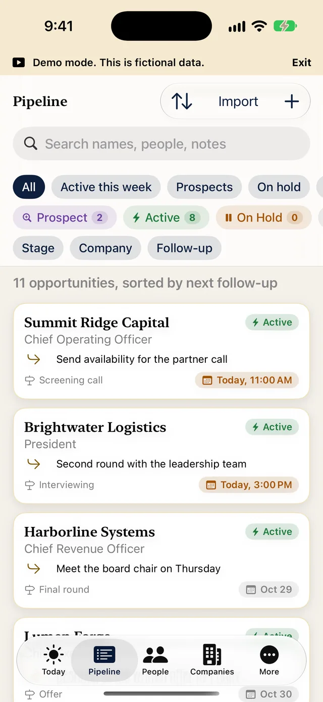 The Pipeline screen on iPhone with status filters and fictional opportunities