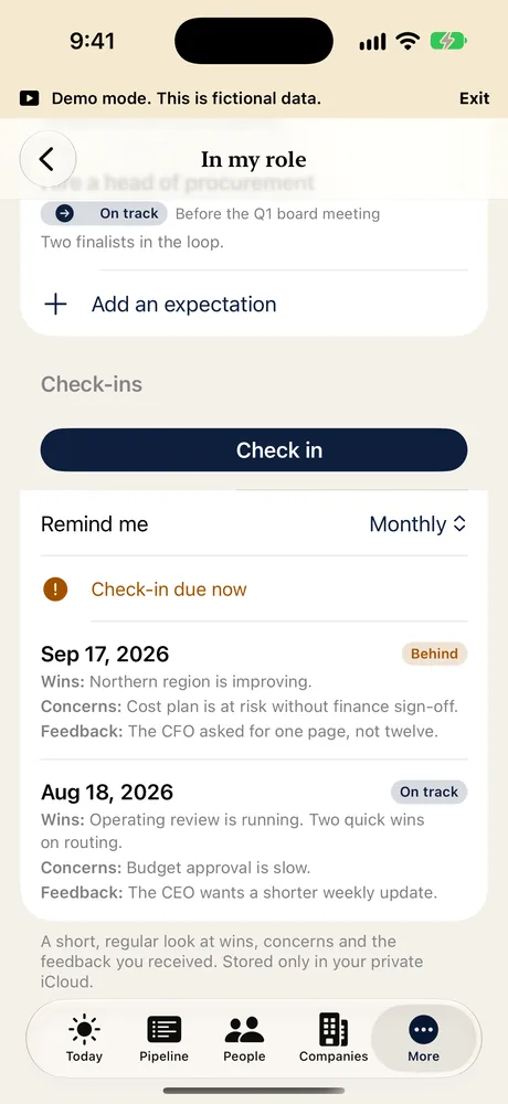 The check-in list on iPhone with wins, concerns and feedback entries