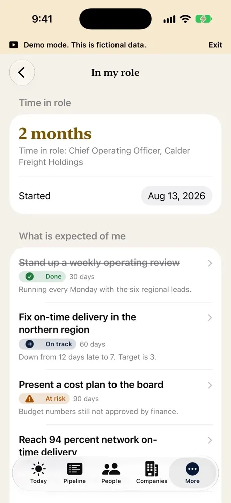 The In my role screen on iPhone in Day appearance, showing two months in role and what is expected of me