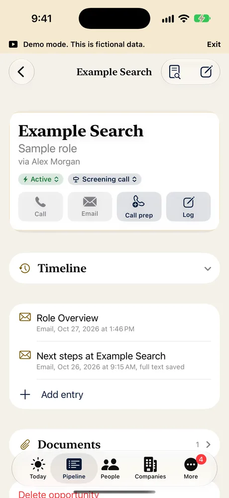 The timeline on iPhone with a fictional email entry and its next steps, full text saved