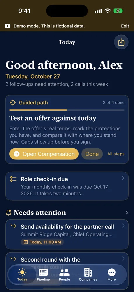 The Today screen on iPhone in Night view with a gold Guided path card, fictional demo data