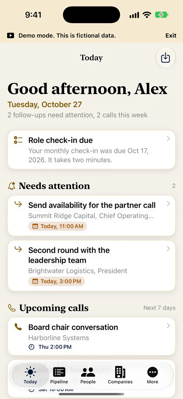 The Today screen on iPhone: items under Needs attention and upcoming calls, with a Demo mode bar at the top