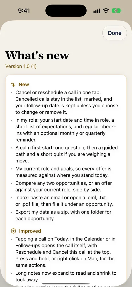 The What's new sheet on iPhone listing new, improved and fixed items for version 1.0
