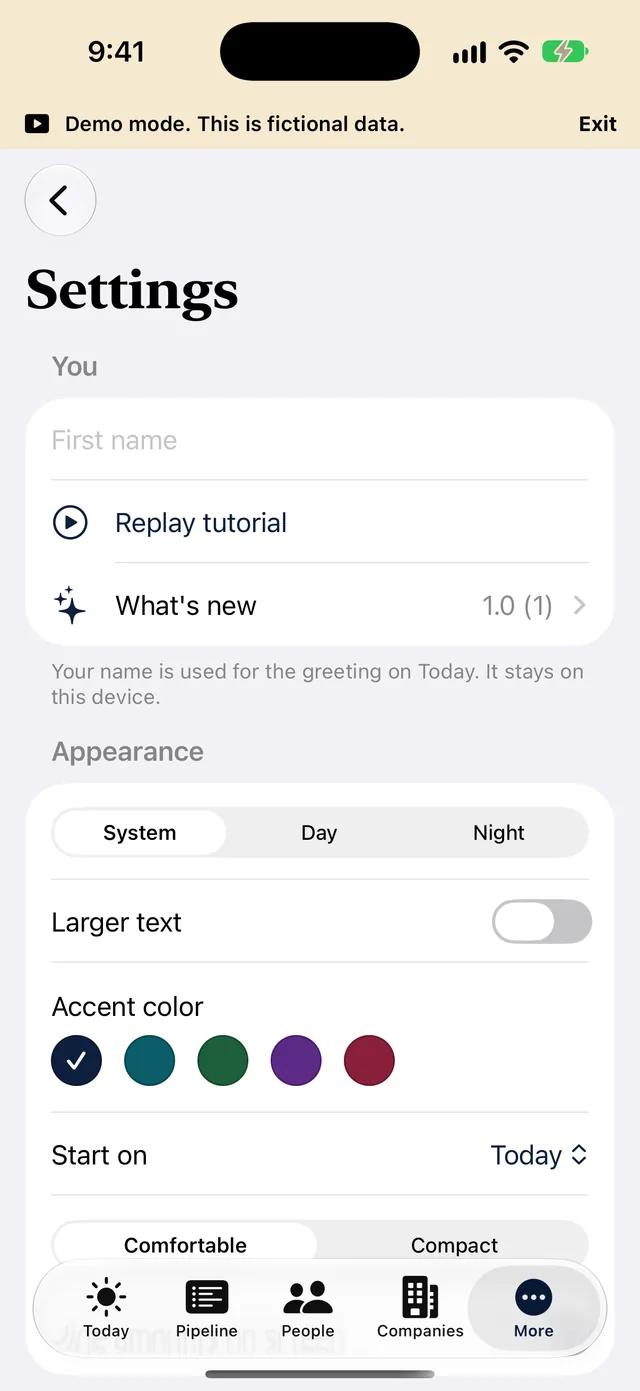The Settings screen on iPhone with the Standard and Advanced depth switch